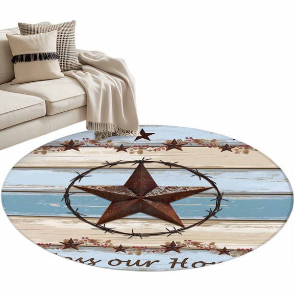 Round Area Rug 4ft Texas Star Teal Blue Floor Carpets Indoor Floor Area Mat Stain-Proof Mat Circle Rugs for Living Room Dining Room Kitchen Bedroom, Farm Wood Grain Sofa Throw Carpet