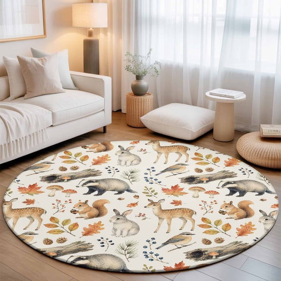 Round Area Rug - 4ft Thanksgiving Rabbit Deer Squirrel Non Slip Washable Circle Carpet Soft Large Floor Rugs for Living Room Bedroom Nursery Office