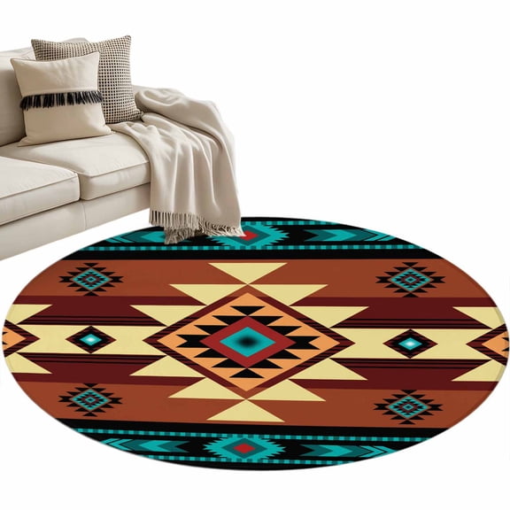 Round Area Rug 4ft Turquoise Brown Boho Floor Carpets Indoor Floor Area Mat Stain-Proof Mat Circle Rugs for Living Room Dining Room Kitchen Bedroom, Native Southwest Ethnic Sofa Throw Carpet