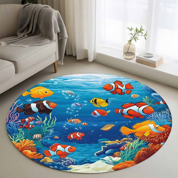 Round Area Rug 4ft,Underwater World Clownfish Coral Washable Carpet Non-Slip Runner Accent Rugs Indoor Floor Mat for Bedroom Living Room Decor,Marine Life Ocean Seaweed