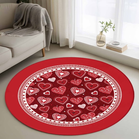 Round Area Rug 4ft, Valentine's Day Romantic Love Heart Non-Shedding Washable Area Rug, Ornate Red Maroon Non Slip Low-Profile Circle Rugs for Living Room, Bedroom Dining Room