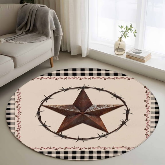 Round Area Rug 4ft, Vintage Country Star Ring Non-Slip Non-Shedding Floor Mat, Black Buffalo Plaid Washable Sturdy Carpet for Living Room Bedroom Home Decor