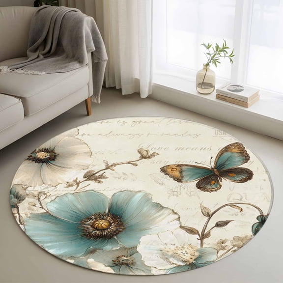 Round Area Rug 4ft Vintage Victorian Flower Area Rugs Washable Low Pile Floor Carpet for Bedroom, Retro Floral Butterfly on Letter Non Slip Soft Rugs for Living Room Entryway Dining Room