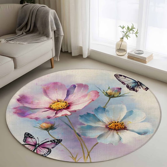 Round Area Rug 4ft,Vintage White Pink Flowers Washable Carpet Non-Slip Runner Accent Rugs Indoor Floor Mat for Bedroom Living Room Decor,Country Butterflies Floral Art