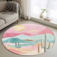 thumbnail image 1 of Round Area Rug 4ft, Watercolor Cactus Desert Mountain Non-Shedding Washable Area Rug, Modern Abstract Sun Non Slip Low-Profile Circle Rugs for Living Room, Bedroom Dining Room, 1 of 9