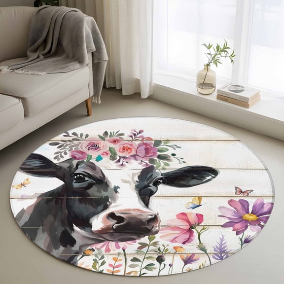 Round Area Rug 4ft,Watercolor Farm Cattle Spring Flower Washable Carpet Non-Slip Runner Accent Rugs Indoor Floor Mat for Bedroom Living Room Decor,Floral Animal on Wood
