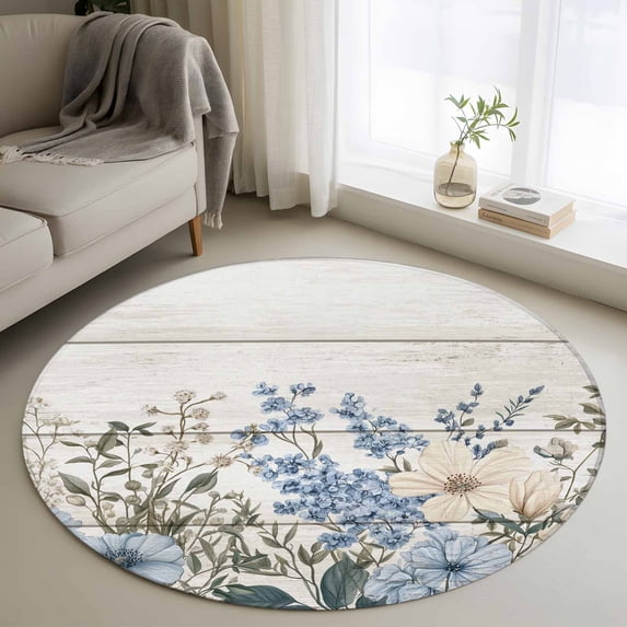 Round Area Rug 4ft, Watercolor Garden Flower on Wood Barn Non-Shedding Washable Area Rug, Spring Blossom Floral Non Slip Low-Profile Circle Rugs for Living Room, Bedroom Dining Room