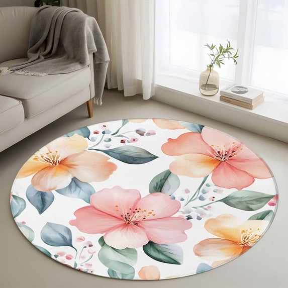 Round Area Rug 4ft, Watercolor Spring Pink Flower Non-Shedding Washable Area Rug, Blossom Floral Botanical Leaves Non Slip Low-Profile Circle Rugs for Living Room, Bedroom Dining Room