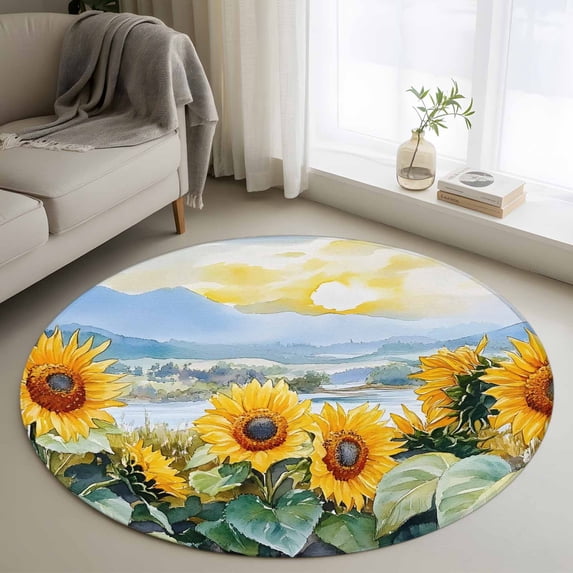 Round Area Rug 4ft,Watercolor Summer Sunflower Washable Carpet Non-Slip Runner Accent Rugs Indoor Floor Mat for Bedroom Living Room Decor,Vintage Rural Natural Scene