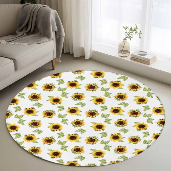 Round Area Rug 4ft, Watercolor Summer Sunflowers Non-Shedding Washable Area Rug, Pastoral Plant Non Slip Low-Profile Circle Rugs for Living Room, Bedroom Dining Room