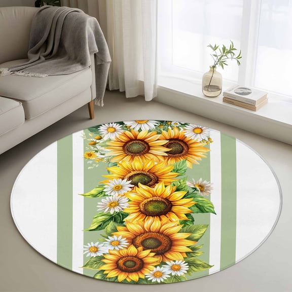 Round Area Rug 4ft, Watercolor Sunflower Leaves on Green Non-Shedding Washable Area Rug, Summer Flower Non Slip Low-Profile Circle Rugs for Living Room, Bedroom Dining Room