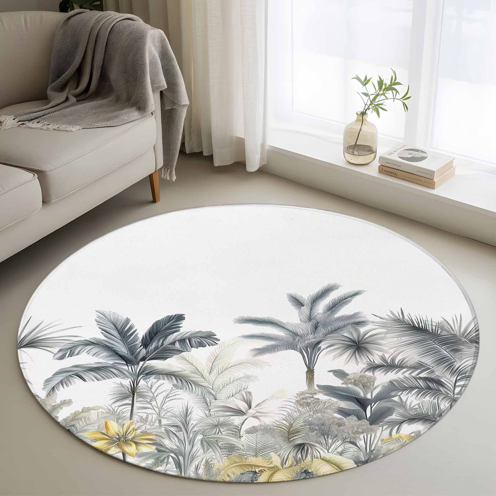 Round Area Rug 4ft, Watercolor Tropic Palm Coconut Tree Non-Shedding ...