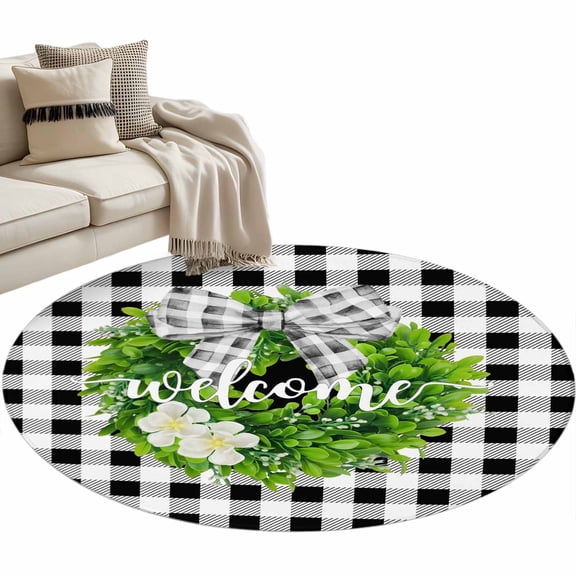 Round Area Rug 4ft Welcome Bow Tie Wreath Carpets Indoor Floor Area Mat Stain-Proof Mat Circle Rugs for Living Room Dining Room Kitchen Bedroom, Flower Farmhouse Buffalo Plaid Sofa Throw Carpet