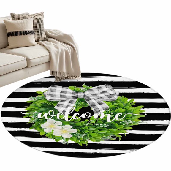 Round Area Rug 4ft Welcome Bow Tie Wreath Carpets Indoor Floor Area Mat Stain-Proof Mat Circle Rugs for Living Room Dining Room Kitchen Bedroom, Flower Farmhouse Black Stripes Sofa Throw Carpet
