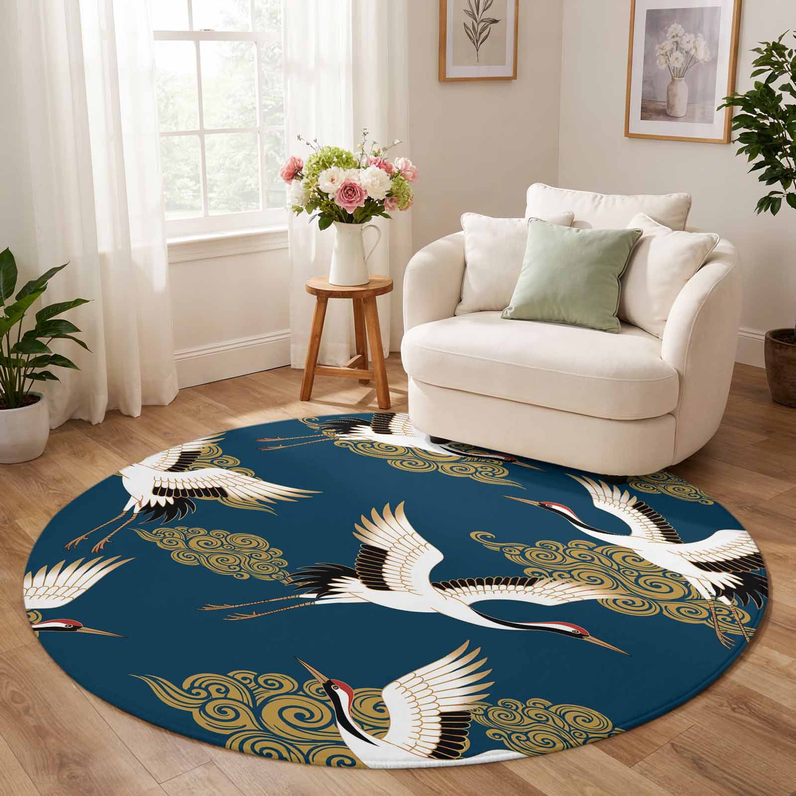 Fairy Blue Rug Round Area Rug 4ft White Fairy Crane Japanese Style Low Pile Washable ...