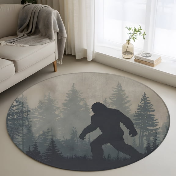 Round Area Rug 4ft, Wildman Gorilla Forest Silhouette Non-Slip Non-Shedding Floor Mat, Retro Tree Washable Sturdy Carpet for Living Room Bedroom Home Decor