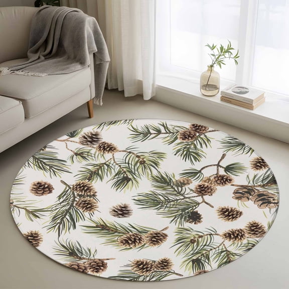 Round Area Rug 4ft, Winter Pine Cone Leaf Non-Slip Non-Shedding Floor Mat, Watercolor Green Brown Plant Washable Sturdy Carpet for Living Room Bedroom Home Decor