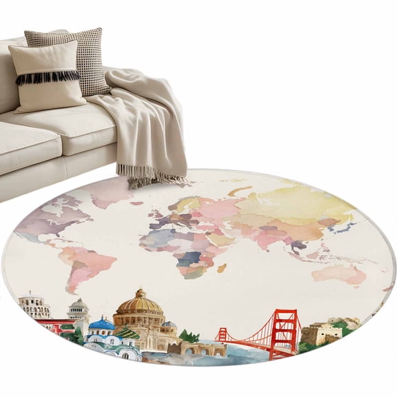 Round Area Rug 4ft World Map Floor Carpets Indoor Floor Area Mat Stain-Proof Mat Circle Rugs for Living Room Dining Room Kitchen Bedroom, Famous Building Tourism Bridge Sofa Throw Carpet