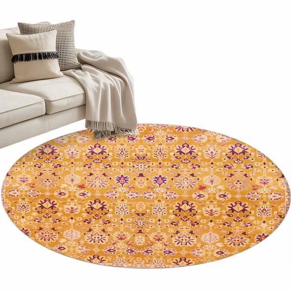Round Area Rug 4ft Yellow Boho Floor Carpets Indoor Floor Area Mat Stain-Proof Mat Circle Rugs for Living Room Dining Room Kitchen Bedroom, Bohemian Southwest Ethnic Style Sofa Throw Carpet