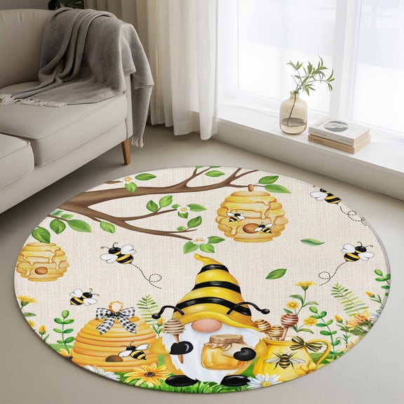 Round Area Rug 4ft Yellow Gnome Bee Flower Leaf Area Rugs Washable Low Pile Floor Carpet for Bedroom, Farmhouse Pastoral Theme Non Slip Soft Rugs for Living Room Entryway Dining Room