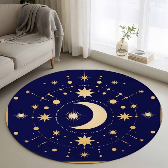 Round Area Rug 4ft, Yellow Moon Star Non-Slip Non-Shedding Floor Mat, Abstract Polka Dot on Dark Blue Washable Sturdy Carpet for Living Room Bedroom Home Decor