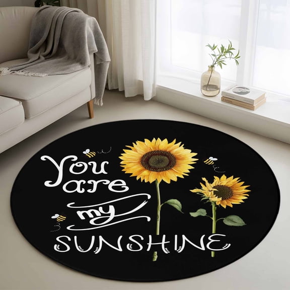 Round Area Rug 4ft,You Are My Sunshine Words on Black Washable Carpet Non-Slip Runner Accent Rugs Indoor Floor Mat for Bedroom Living Room Decor,Sunflowers Bee