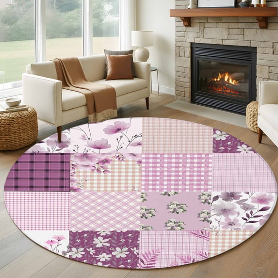 Round Area Rug 5 Ft, Boho Purple Flowers Washable Non-Slip Circle Carpet for Living Room/Bedroom, Spring Floral Botanical Patchwork Vintage Low-Profile Runner Mats Collection Rugs for Indoor