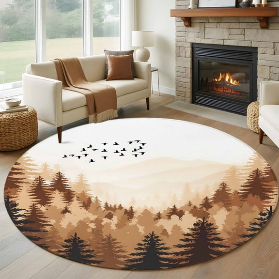 Round Area Rug 5 Ft, Brown Forest Washable Non-Slip Circle Carpet for Living Room/Bedroom, Farmhouse Retro Mountain Nature Landscape Low-Profile Runner Mats Collection Rugs for Indoor