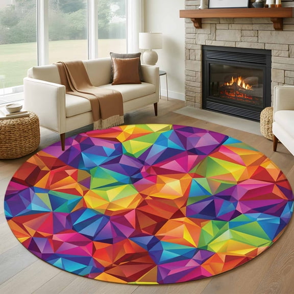 Round Area Rug 5 Ft, Colorful Geometric Washable Non-Slip Circle Carpet for Living Room/Bedroom, Modern Rainbow Ombre Abstract Art Low-Profile Runner Mats Collection Rugs for Indoor