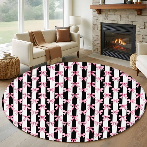 Round Area Rug 5 Ft, Cute Pink Bow Washable Non-Slip Circle Carpet for Living Room/Bedroom, Black White Striped Preppy Aesthetic Low-Profile Runner Mats Collection Rugs for Indoor