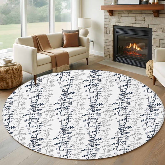 Round Area Rug 5 Ft, Dark Blue Grey Botanical Washable Non-Slip Circle Carpet for Living Room/Bedroom, Spring Floral Summer Farmhouse Low-Profile Runner Mats Collection Rugs for Indoor