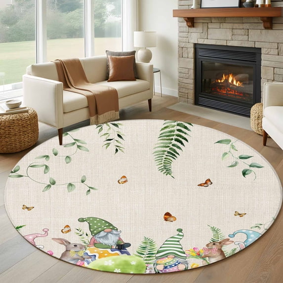 Round Area Rug 5 Ft, Easter Washable Non-Slip Circle Carpet for Living Room/Bedroom, Eggs Gnomes Bunny Elegant Pastoral Rustic Low-Profile Runner Mats Collection Rugs for Indoor