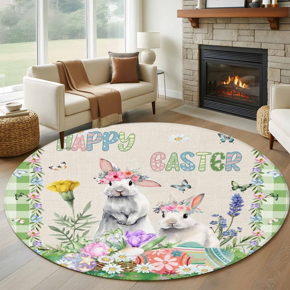Round Area Rug 5 Ft, Easter Washable Non-Slip Circle Carpet for Living Room/Bedroom, Spring Rustic Rabbit Botanical Flowers Eggs Plaid Low-Profile Runner Mats Collection Rugs for Indoor