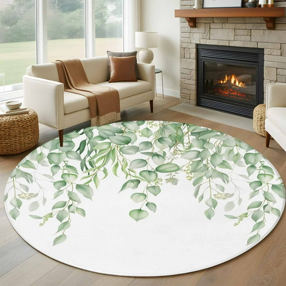 Round Area Rug 5 Ft, Eucalyptus Leaves Washable Non-Slip Circle Carpet for Living Room/Bedroom, Green Summer Botanical Weeping Low-Profile Runner Mats Collection Rugs for Indoor