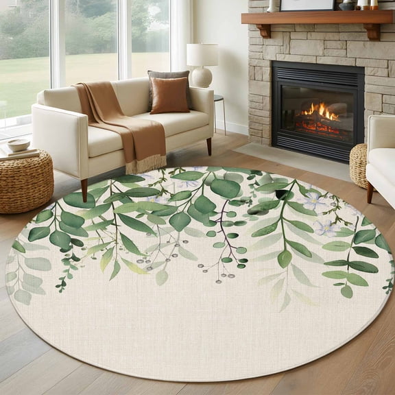 Round Area Rug 5 Ft, Green Leaves Washable Non-Slip Circle Carpet for Living Room/Bedroom, Summer Botanical Low-Profile Runner Mats Collection Rugs for Indoor