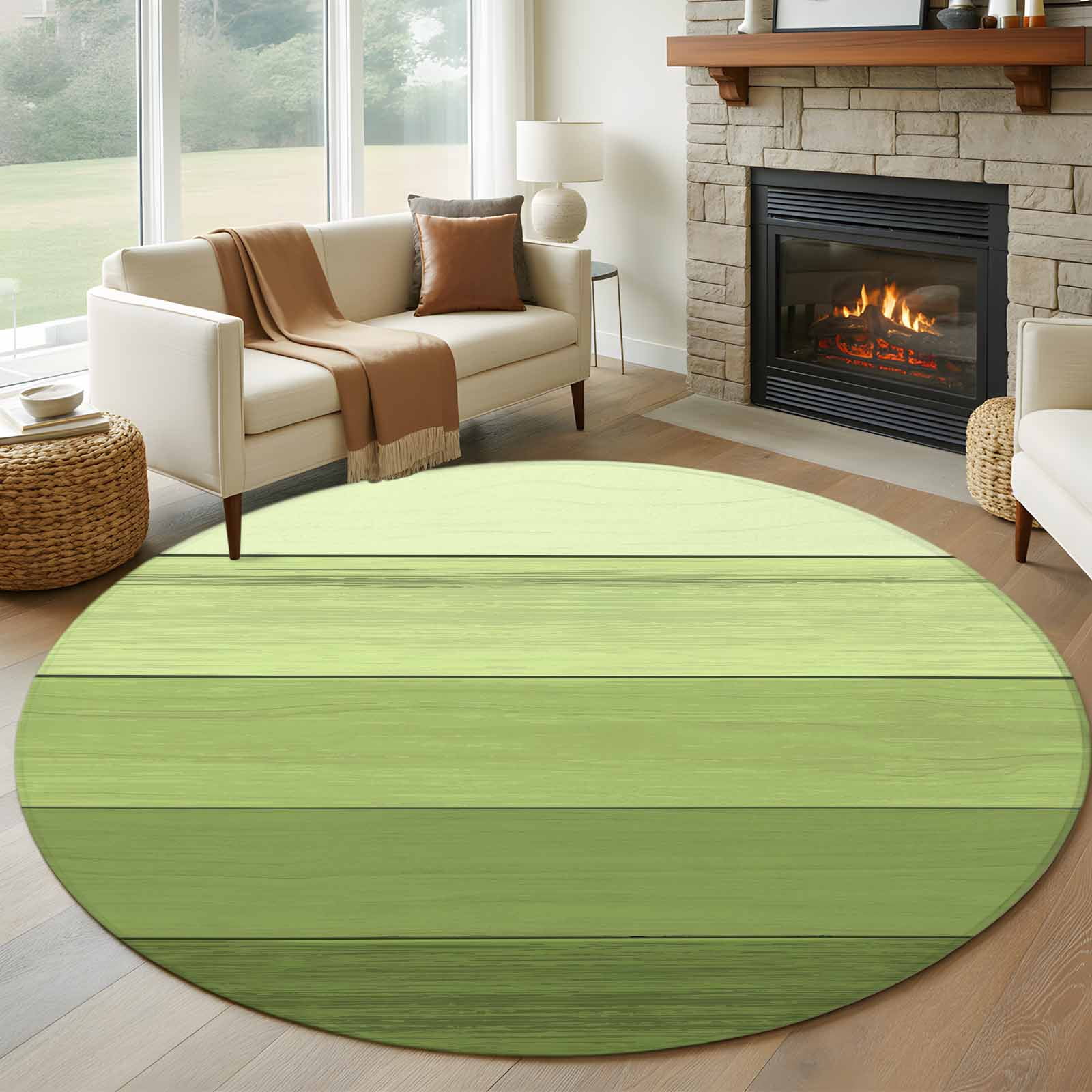 Round Area Rug 5 Ft, Green Wood Grain Washable Non-Slip Circle Carpet for Living Room/Bedroom, Ombre Rustic Retro Wooden Plank Low-Profile Runner Mats Collection Rugs for Indoor