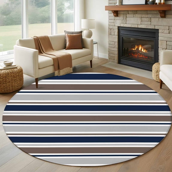 Round Area Rug 5 Ft, Grey Navy Blue Striped Washable Non-Slip Circle Carpet for Living Room/Bedroom, Farmhouse Stripes Modern Abstract Art Low-Profile Runner Mats Collection Rugs for Indoor