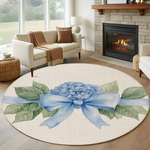 Round Area Rug 5 Ft, Hydrangea Flower Non Slip Area Rugs for Living Room, Pastoral Blue Bow Floral Spring Lraf Washable Low Pile Circle Throw Carpet for Indoor Dining Room Bedroom Nursery Decor