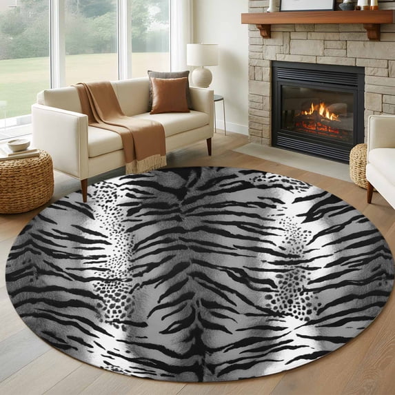 Round Area Rug 5 Ft, Leopard Stripes Washable Non-Slip Circle Carpet for Living Room/Bedroom, Vintage Black White Animals Texture Low-Profile Runner Mats Collection Rugs for Indoor