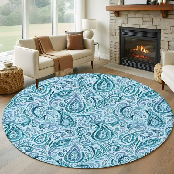 Round Area Rug 5 Ft, Light Blue Teal Washable Non-Slip Circle Carpet for Living Room/Bedroom, Retro Botanical Abstract Art Low-Profile Runner Mats Collection Rugs for Indoor