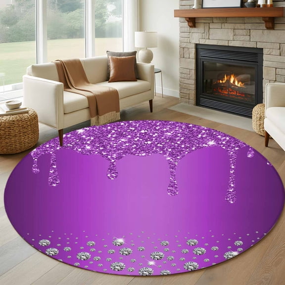 Round Area Rug 5 Ft, Modern Purple Washable Non-Slip Circle Carpet for Living Room/Bedroom, Abstract Diamond Luxury Gradient Low-Profile Runner Mats Collection Rugs for Indoor