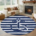 thumbnail image 1 of Round Area Rug 5 Ft, Navy Blue Anchor Nautical Non Slip Area Rugs for Living Room, Navy Blue Striped Farmhouse Washable Low Pile Circle Throw Carpet for Indoor Dining Room Bedroom Nursery Decor, 1 of 9