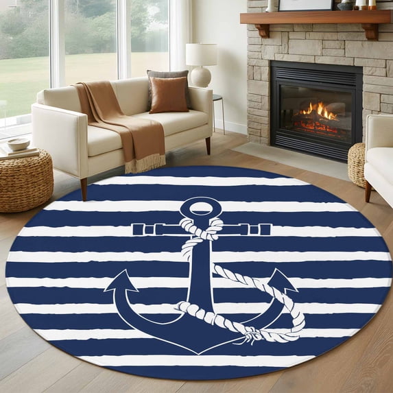 Round Area Rug 5 Ft, Navy Blue Anchor Nautical Non Slip Area Rugs for Living Room, Navy Blue Striped Farmhouse Washable Low Pile Circle Throw Carpet for Indoor Dining Room Bedroom Nursery Decor