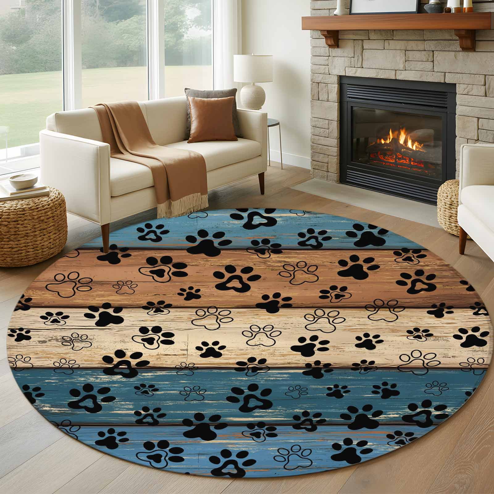 Round Area Rug 5 Ft, Navy Blue Brown Washable Non-Slip Circle Carpet for Living Room/Bedroom, Rustic Farmhouse Dog Paw Vintage Low-Profile Runner Mats Collection Rugs for Indoor