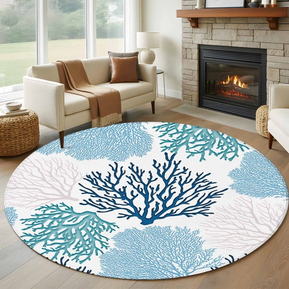 Round Area Rug 5 Ft, Navy Blue Coastal Non Slip Area Rugs for Living Room, Turquoise Coral Ocean Modern Sea Washable Low Pile Circle Throw Carpet for Indoor Dining Room Bedroom Nursery Decor