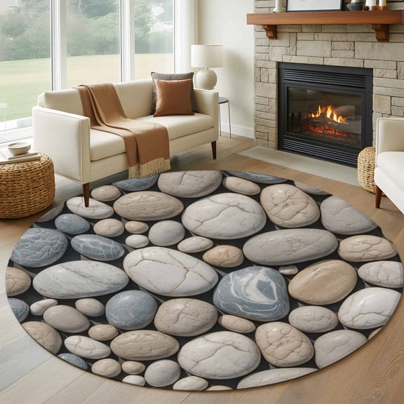 Round Area Rug 5 Ft, Pebble Stone Washable Non-Slip Circle Carpet for Living Room/Bedroom, Modern Minimalist Nature Art Aesthetics Low-Profile Runner Mats Collection Rugs for Indoor