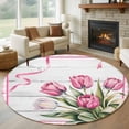 thumbnail image 1 of Round Area Rug 5 Ft, Pink Tulip Washable Non-Slip Circle Carpet for Living Room/Bedroom, Spring Floral Romantic Flowers Modern Art Wooden Low-Profile Runner Mats Collection Rugs for Indoor, 1 of 8