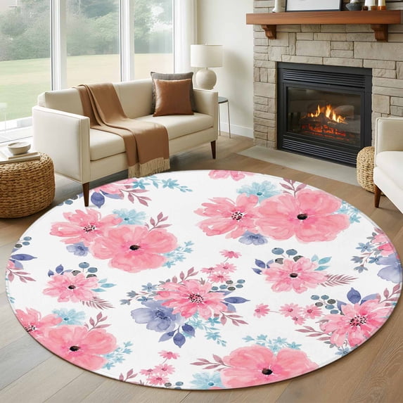 Round Area Rug 5 Ft, Pink Watercolor Floral Washable Non-Slip Circle Carpet for Living Room/Bedroom, Spring Flower Abstract Art Low-Profile Runner Mats Collection Rugs for Indoor