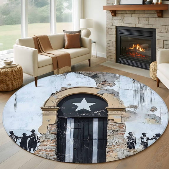 Round Area Rug 5 Ft, Puerto Rico Flag Washable Non-Slip Circle Carpet for Living Room/Bedroom, Retro Rustic Door Artwork Picture Prints Low-Profile Runner Mats Collection Rugs for Indoor
