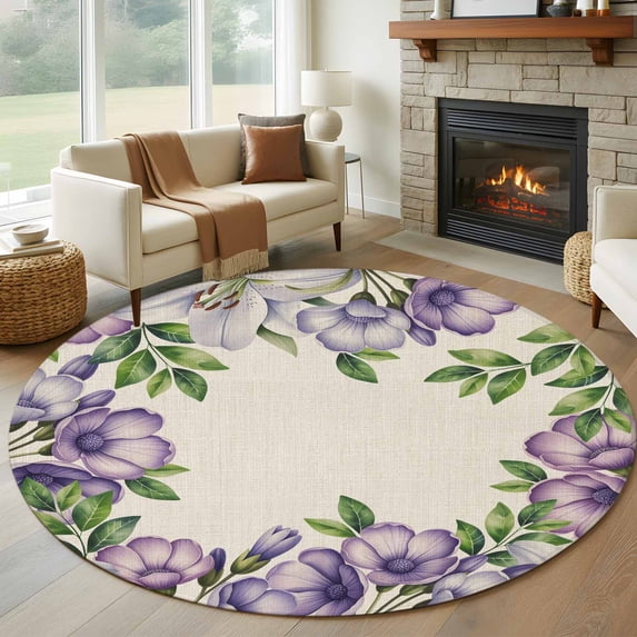 Round Area Rug 5 Ft, Purple Flowers Washable Non-Slip Circle Carpet for Living Room/Bedroom, Spring Leaves Floral Plants Beige Low-Profile Runner Mats Collection Rugs for Indoor
